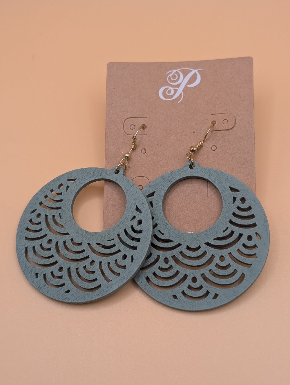 Plunder Design Green Wood Cutout Earrings NWT
